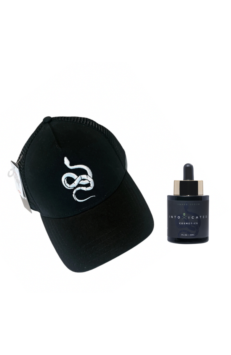 Intoxicated Cosmetics Snake Serum + Intoxicated Cosmetics Hat Bundle | 1 fl oz/ 30 ml | Anti-Aging Formula with Vegan Snake Peptides | Hydrating Hyaluronic Acid | Niacinamide for Radiant Skin Repair, Main, color, NO COLOR