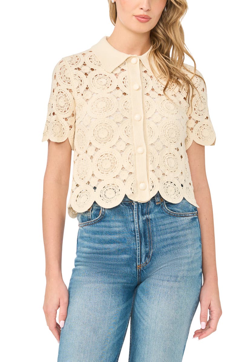 CeCe Crochet Short Sleeve Cardigan, Main, color, Sand Drift