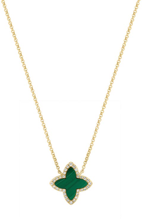 14K Yellow Gold Diamond Malachite Clover Necklace