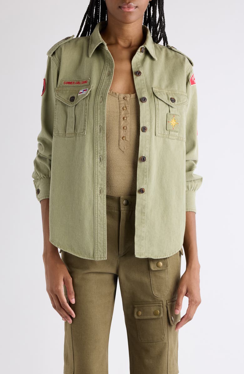 Isabel Marant Umberta Patch Cotton Twill Button-Up Shirt, Main, color, Khaki