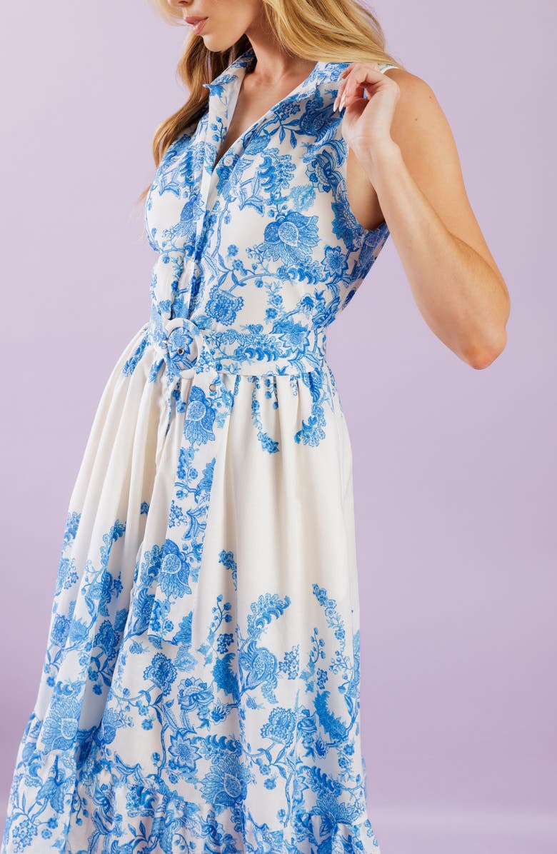 FLYING TOMATO Floral Sleeveless Belted Shirtdress, Alternate, color, Ivory Blue