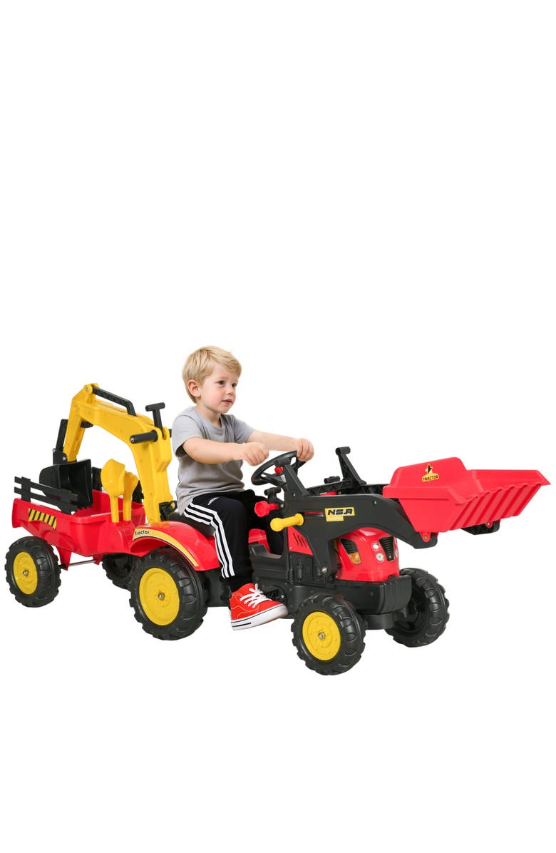 Aosom 3 in1 Kids Ride On Bulldozer with 6 Wheels, Controllable Cargo Trailer, Easy Pedal, Main, color, Red