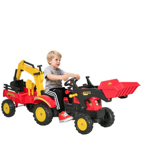 3 in1 Kids Ride On Bulldozer with 6 Wheels, Controllable Cargo Trailer, Easy Pedal