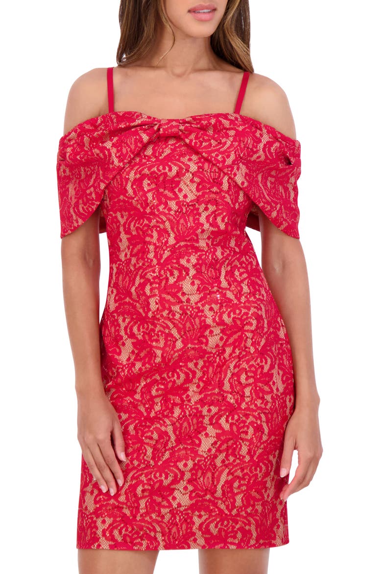 Lace Off the Shoulder Minidress, Alternate, color, RED/ NUDE