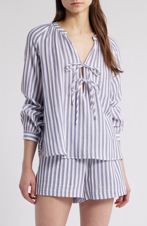 Brielle Stripe Organic Cotton Gauze Tie Neck Top