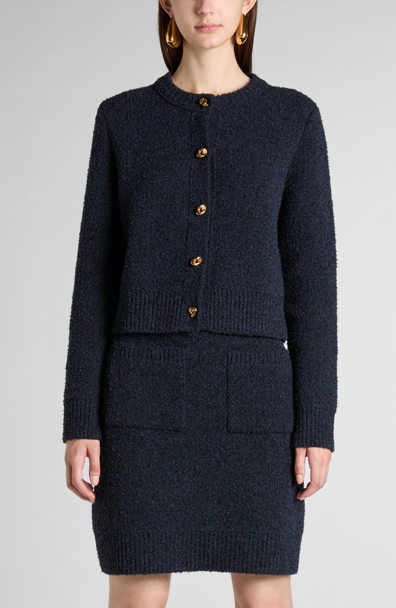 Bottega Veneta Knot Button Bouclé Cardigan, Main, color, 4121 Navy