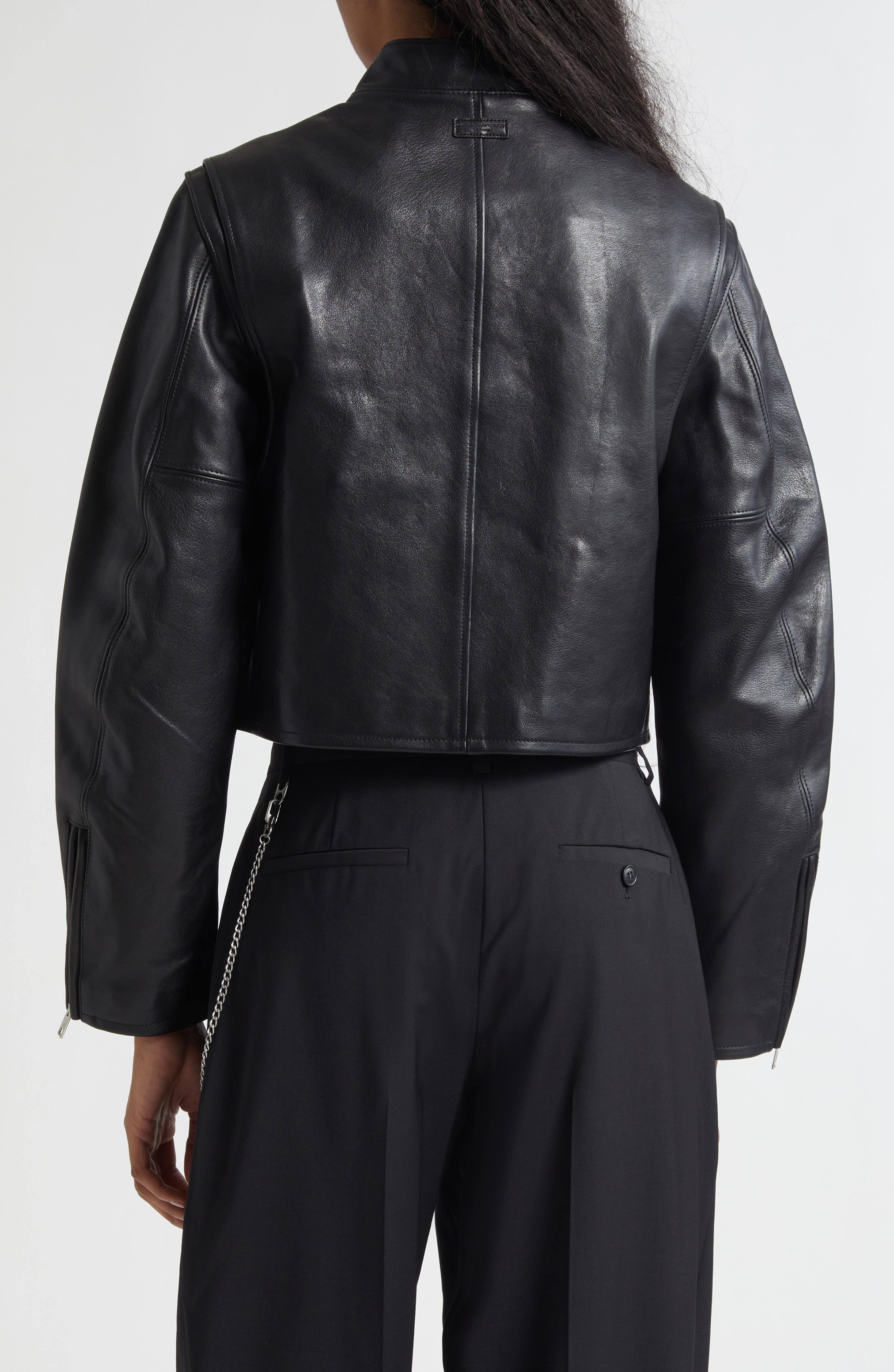 Curved Sleeve Leather Crop Moto Jacket - image 2