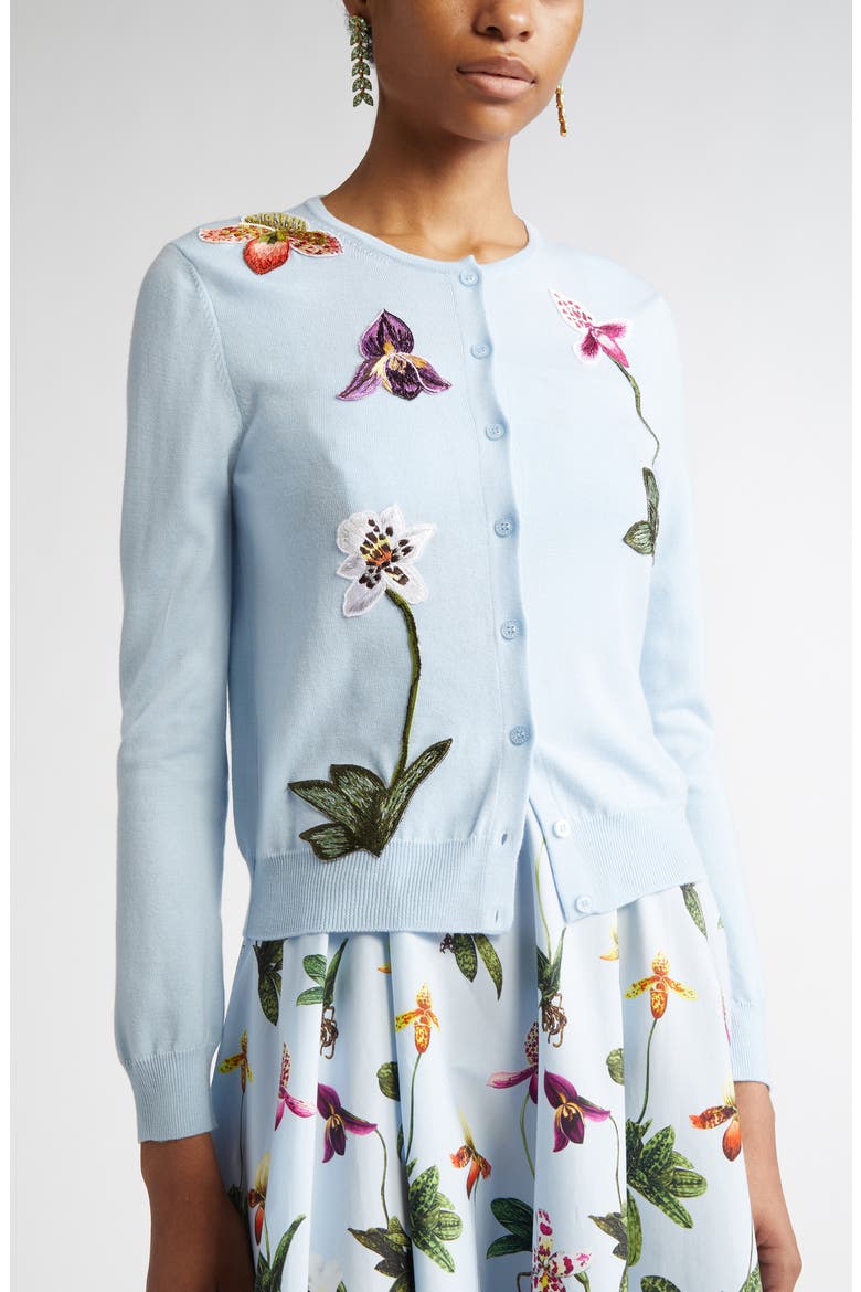 Orchid Embroidered Virgin Wool Cardigan, Alternate, color, LIGHT BLUE