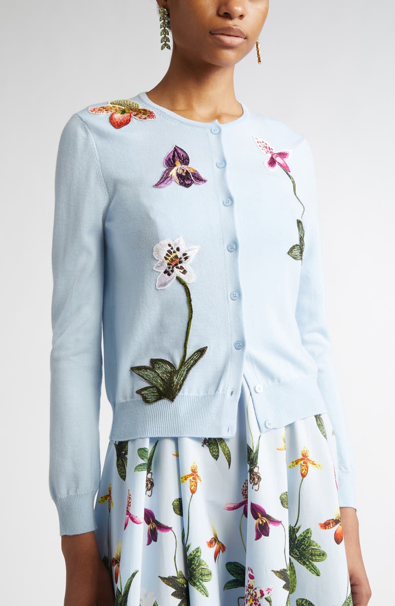 Oscar de la Renta Orchid Embroidered Virgin Wool Cardigan, Alternate, color, Light Blue