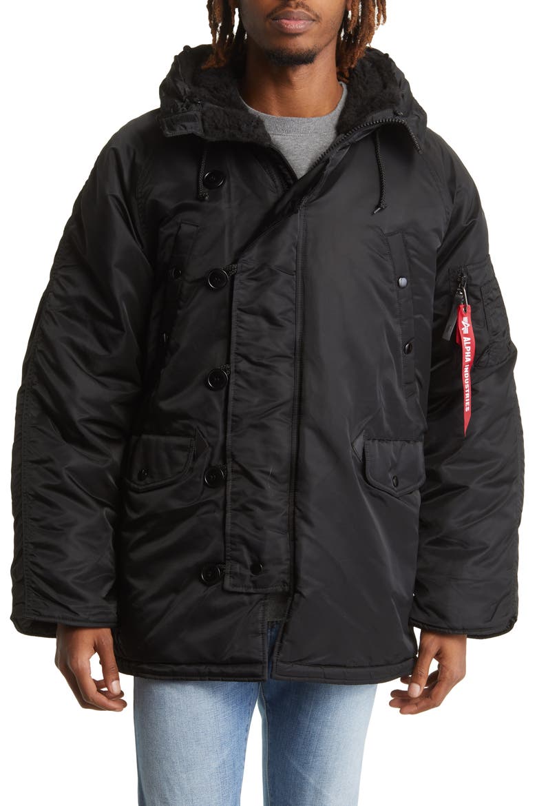 Alpha N-3B Water Resistant Parka with Removable Faux Fur Trim, Alternate, color, BLACK