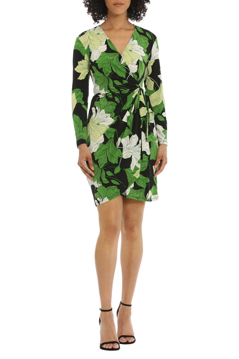 Floral Long Sleeve Faux Wrap Dress, Main, color, BLACK/ GREEN APPLE