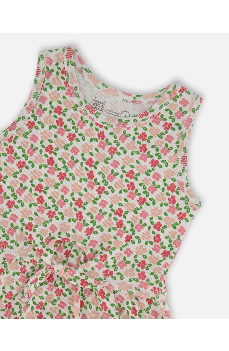 Deux par Deux Girl's Printed Ribbed Dress With Waist Tie Small Flowers On White Background, Alternate, color, 