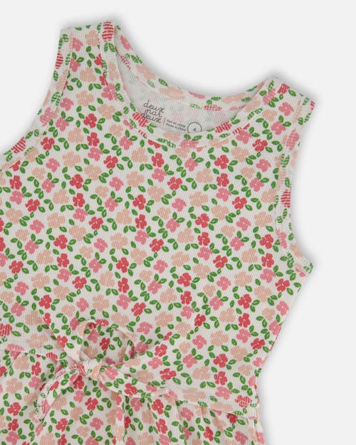 Deux Par Deux Little Girl's Printed Ribbed Dress With Waist Tie Small Flowers On White Background In Small Flowers On White