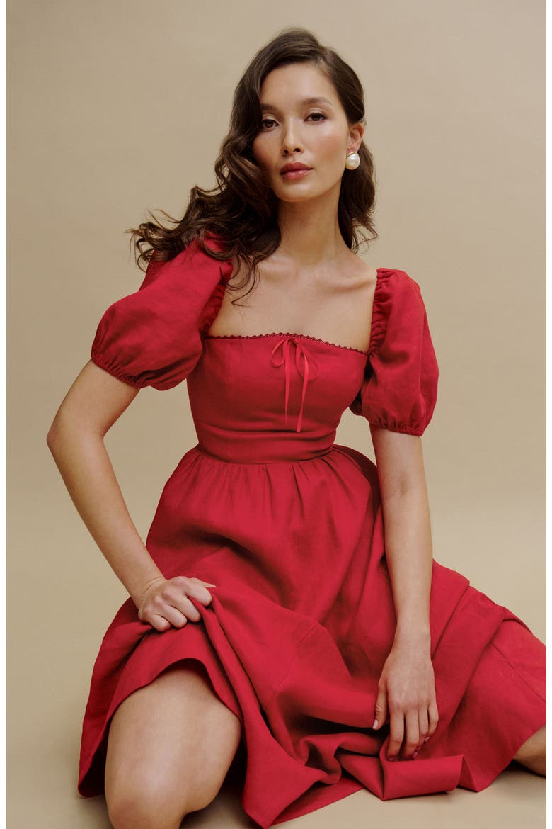 reformation marella linen puff sleeve dress Reformation Marella Linen Puff-Sleeve Dress