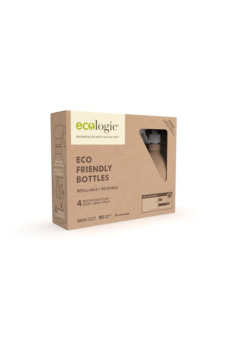Kit of Four Refillable, Recyclable, Renewable, Containers ,Two Sprayers and Two Pumps, Alternate, color, Brown
