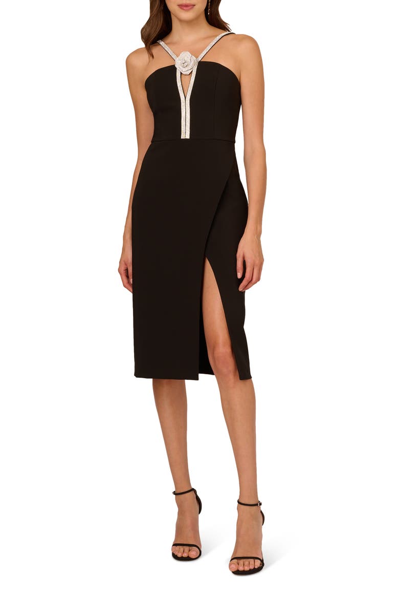 Rhinestone Rosette Halter Midi Sheath Dress, Main, color, BLACK