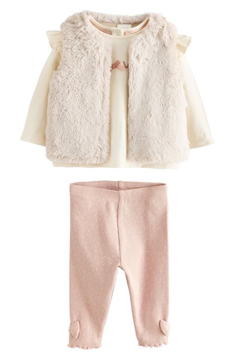 Ruffle Top, Faux Fur Vest & Bow Leggings Set (Baby)