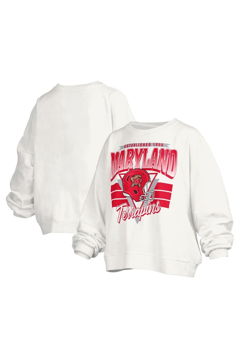 Women's Pressbox White Maryland Terrapins Janice Retro Logo Oversized Pullover Sweatshirt, Main, color, White