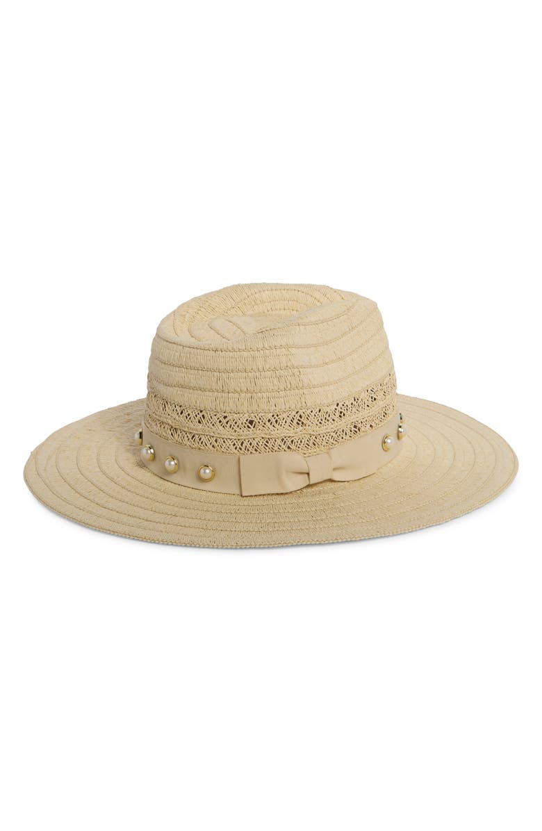 BCBG Embellished Straw Panama Hat, Alternate, color, Natural