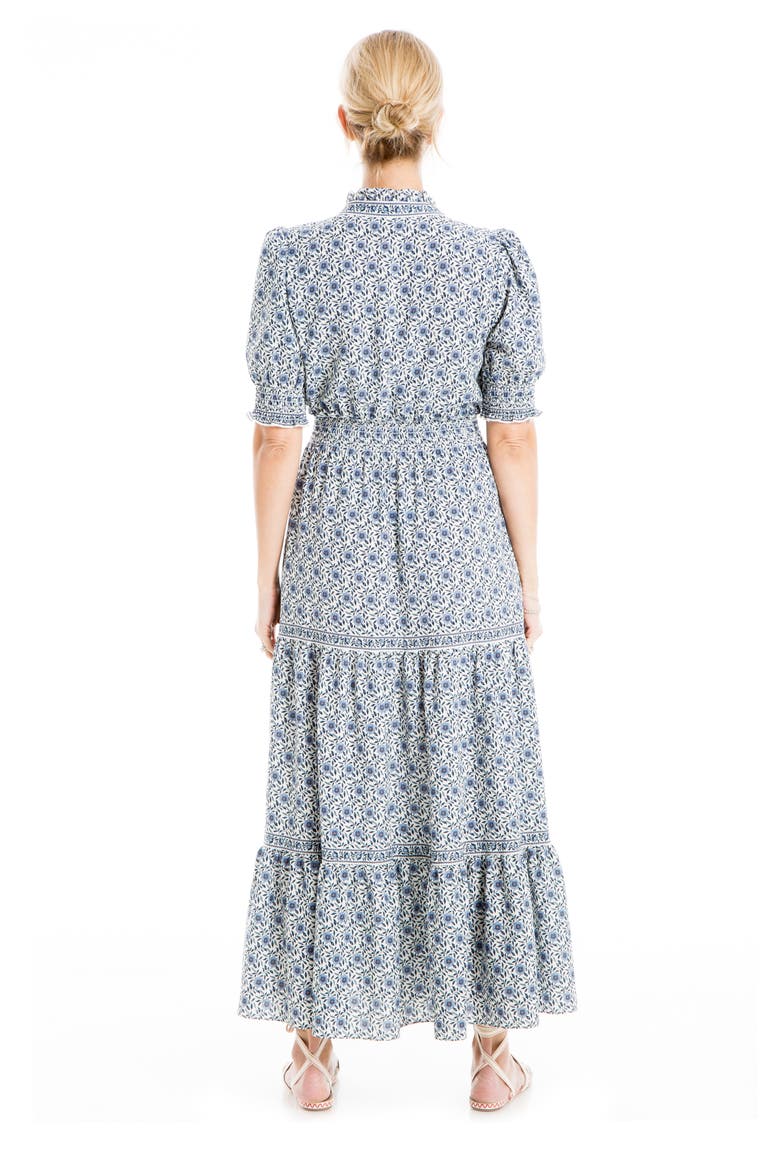V-Neck Short Puff Sleeve Floral Print Tiered Dress, Alternate, color, COBALT WILDFLOWER OUTLINE