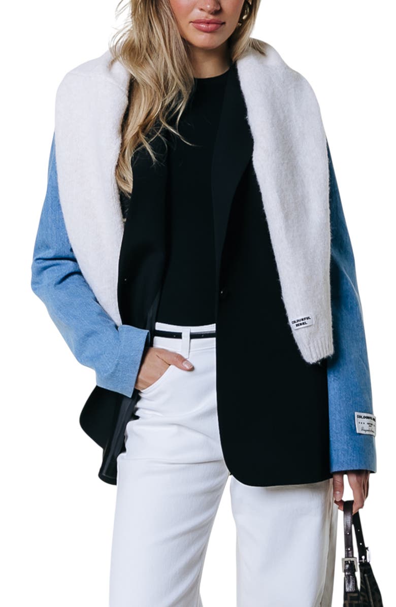 Colourful Rebel Mimmi Denim Contrast Sleeve Single Breasted Blazer, Alternate, color, Black