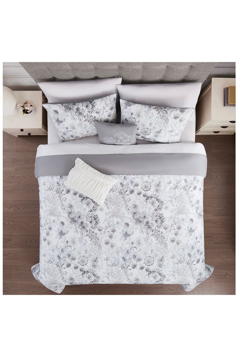 Floral Print Microfiber 5-Piece Comforter Set, Alternate, color, WHITE/ GREY/ BLUE