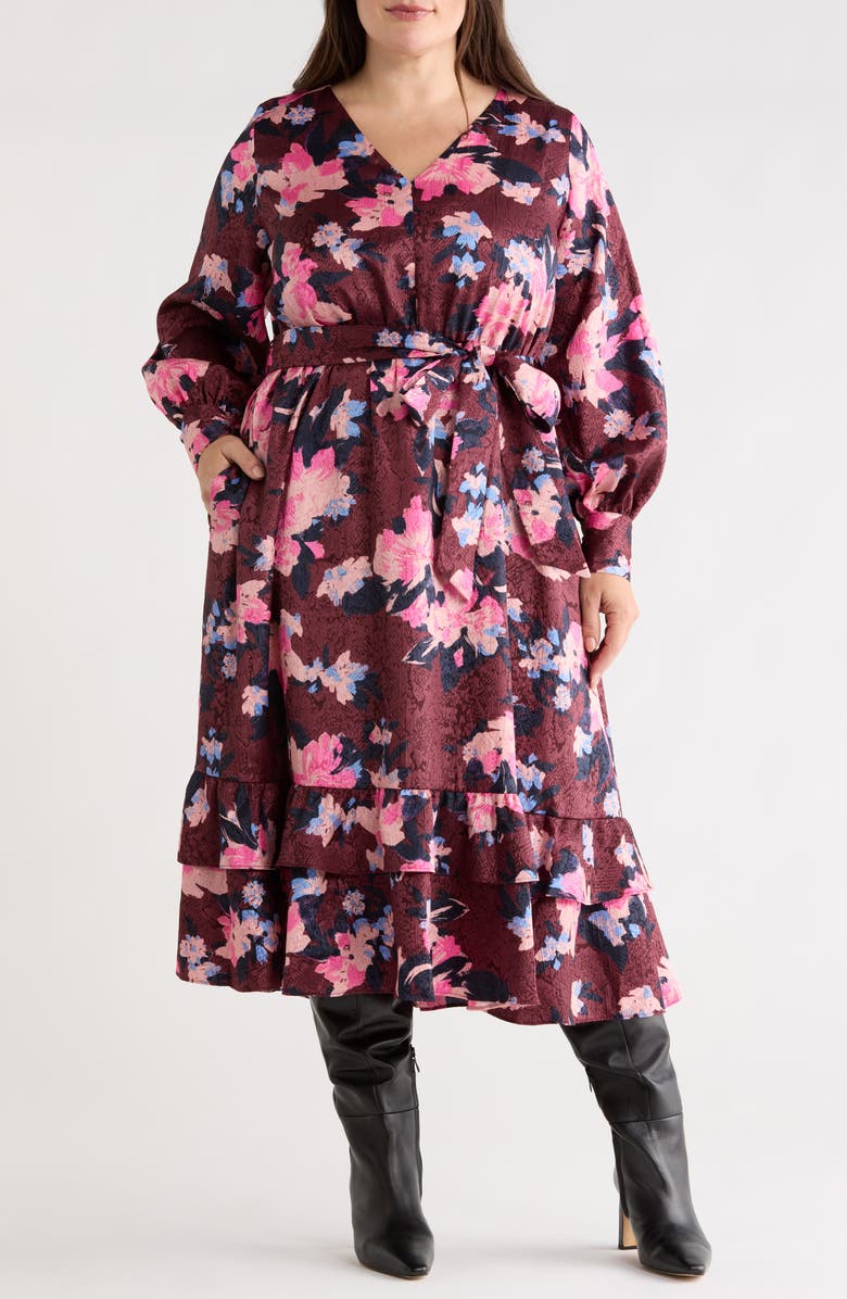 Caslon<sup>®</sup> Belted Long Sleeve Satin Midi Dress, Main, color, Burgundy- Blue Georgia Blooms