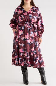 Caslon® Belted Long Sleeve Satin Midi Dress