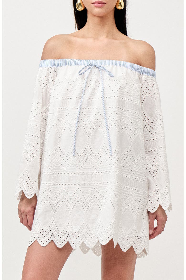 Lisa Off the Shoulder Long Sleeve Cotton Eyelet Minidress, Alternate, color, WHITE EMBROIDERY