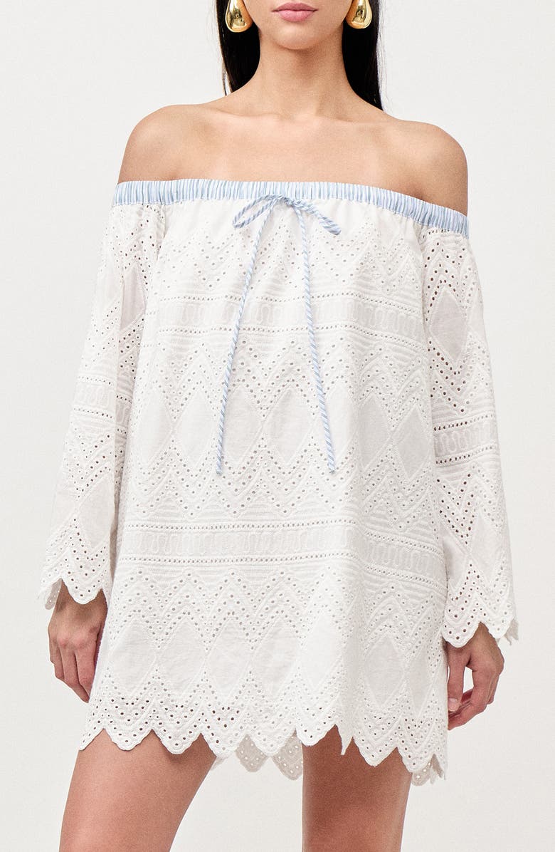 MAUDE CLUB Lisa Off the Shoulder Long Sleeve Cotton Eyelet Minidress, Alternate, color, White Embroidery