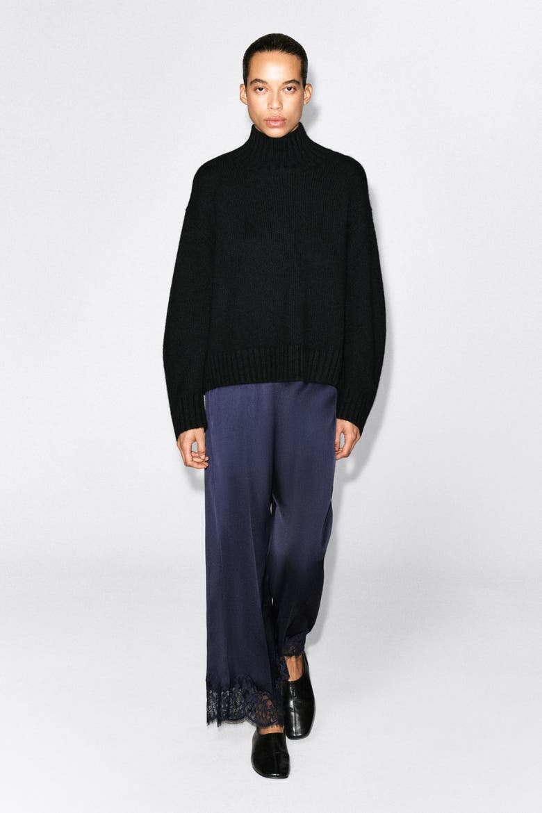 Lace-trimmed Satin Pants, Alternate, color, NAVY