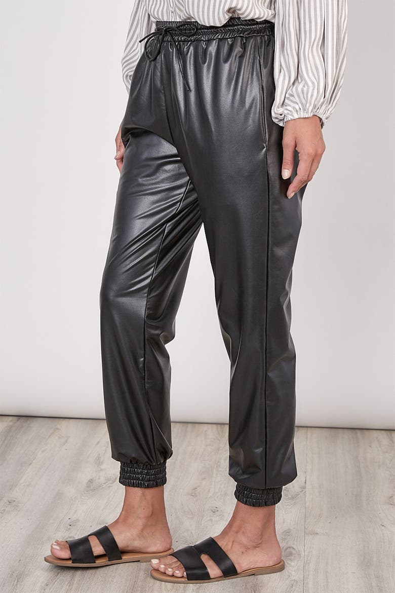 Faux Leather Drawstring Joggers, Alternate, color, BLACK