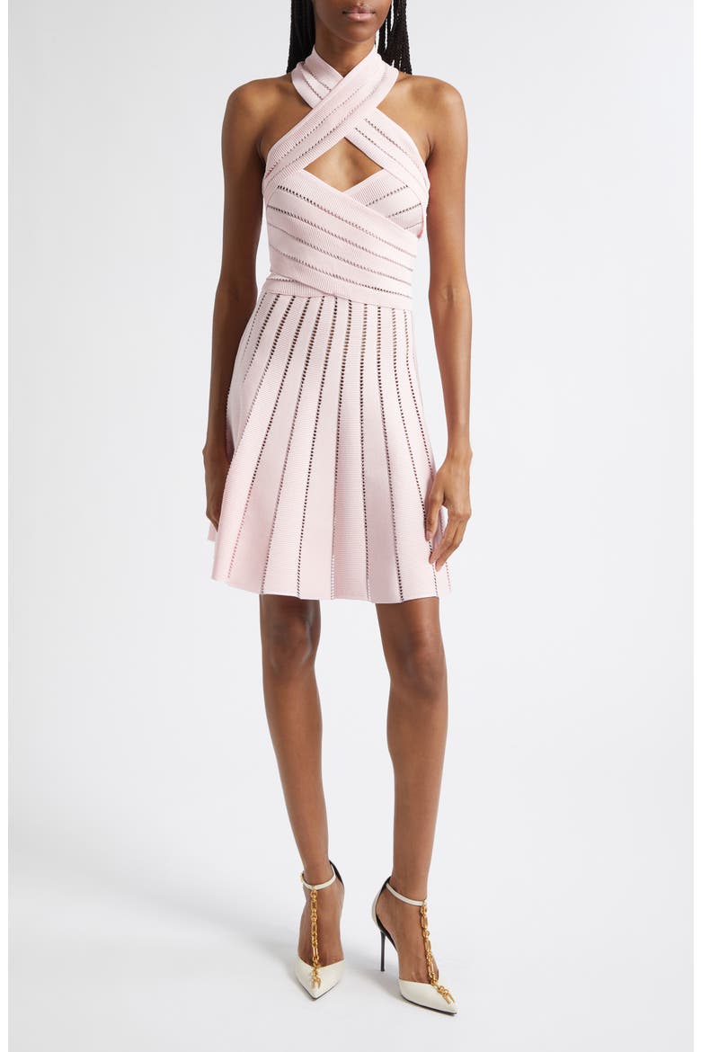 Crossover Neck Halter Open Stitch Sweater Dress, Main, color, 4HQ PINK