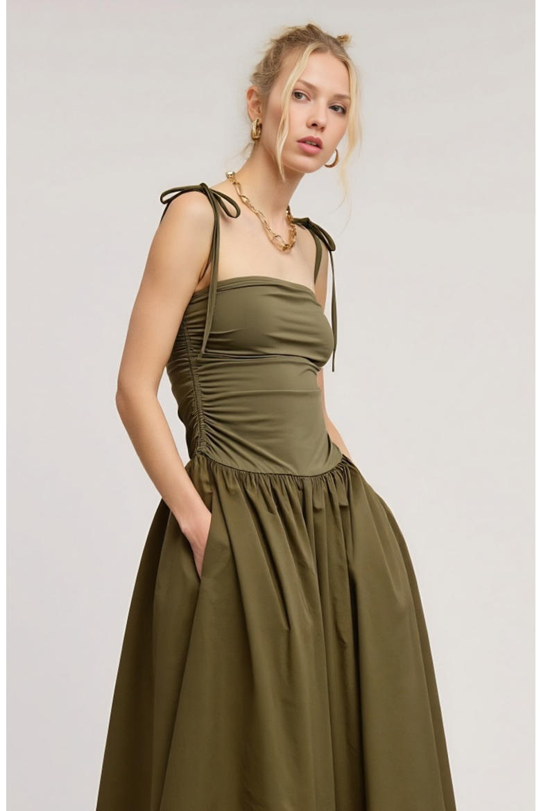 Ruched Bodice Midi Dress with Tie Straps and Full Gathered Skirt, Alternate, color, Olive Green