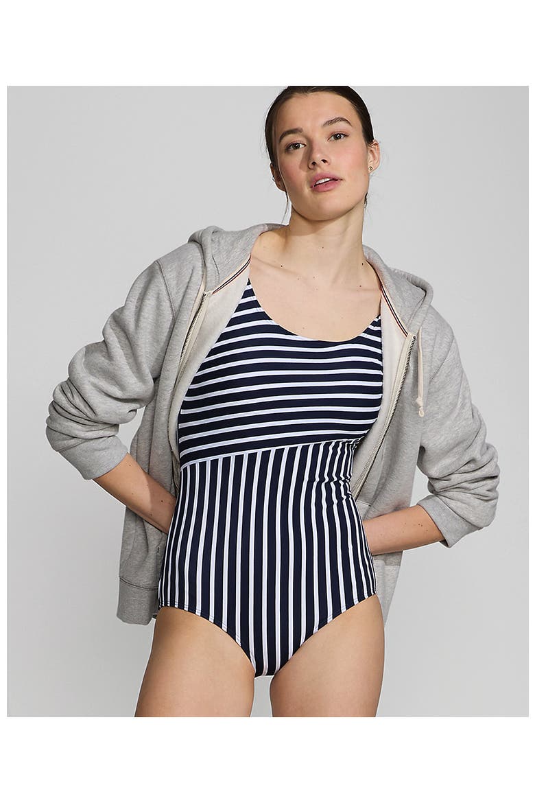 Tugless Low Leg One Piece Swimsuit, Alternate, color, Deep Sea/White Media Stripe