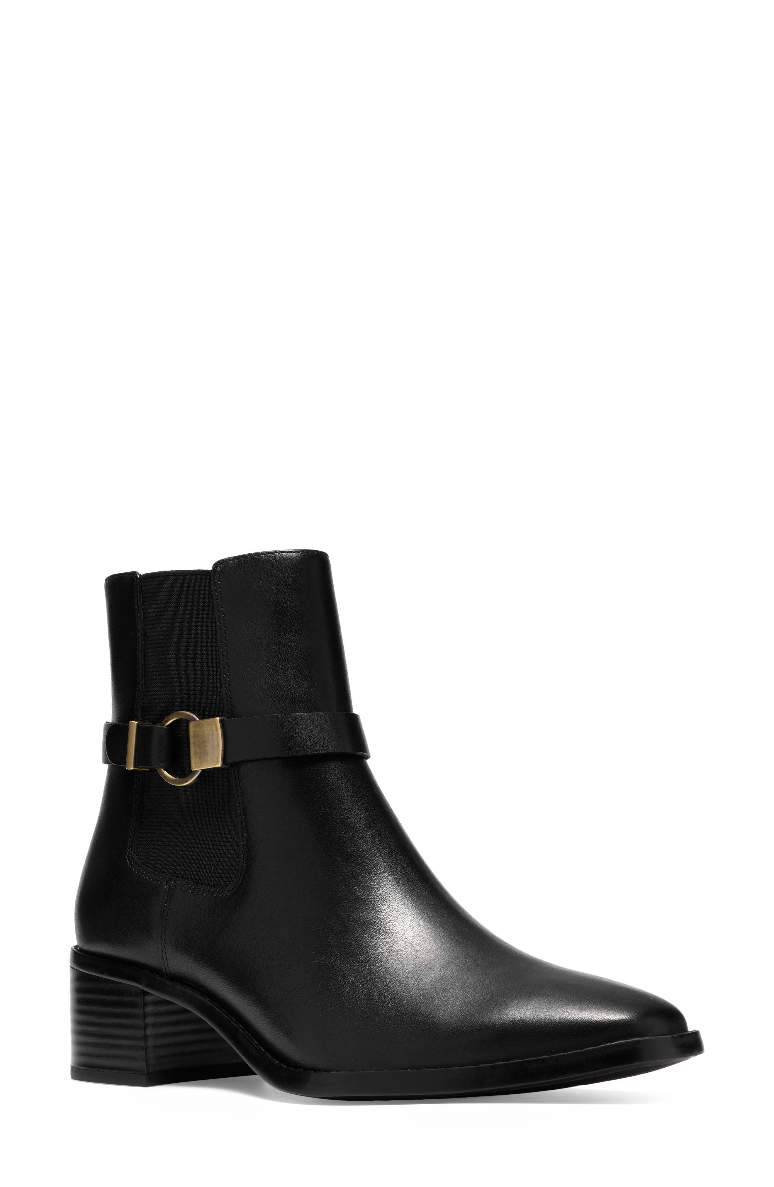 Wrenn Buckle Leather Bootie, Main, color, BLACK LEATHER
