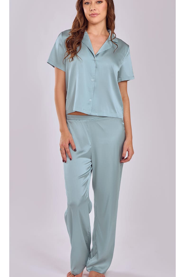 Stretch Satin Pajama Set with Button-Down Top, Main, color, Sage