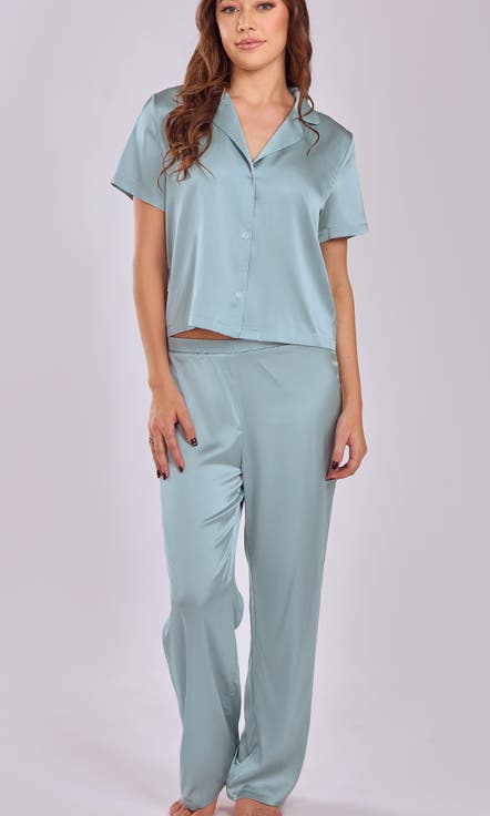Stretch Satin Pajama Set with Button-Down Top