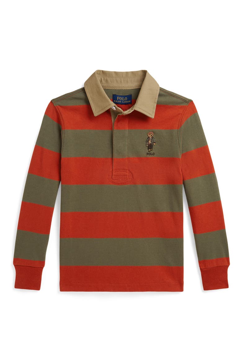 Kids' Polo Bear Striped Rugby Shirt, Main, color, VARSITY ORANGE MULTI