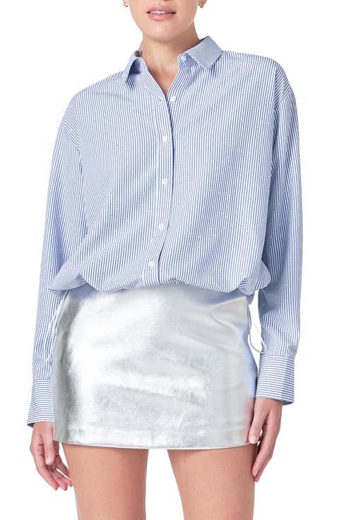Rhinestone Elastic Waist Button-Up Shirt