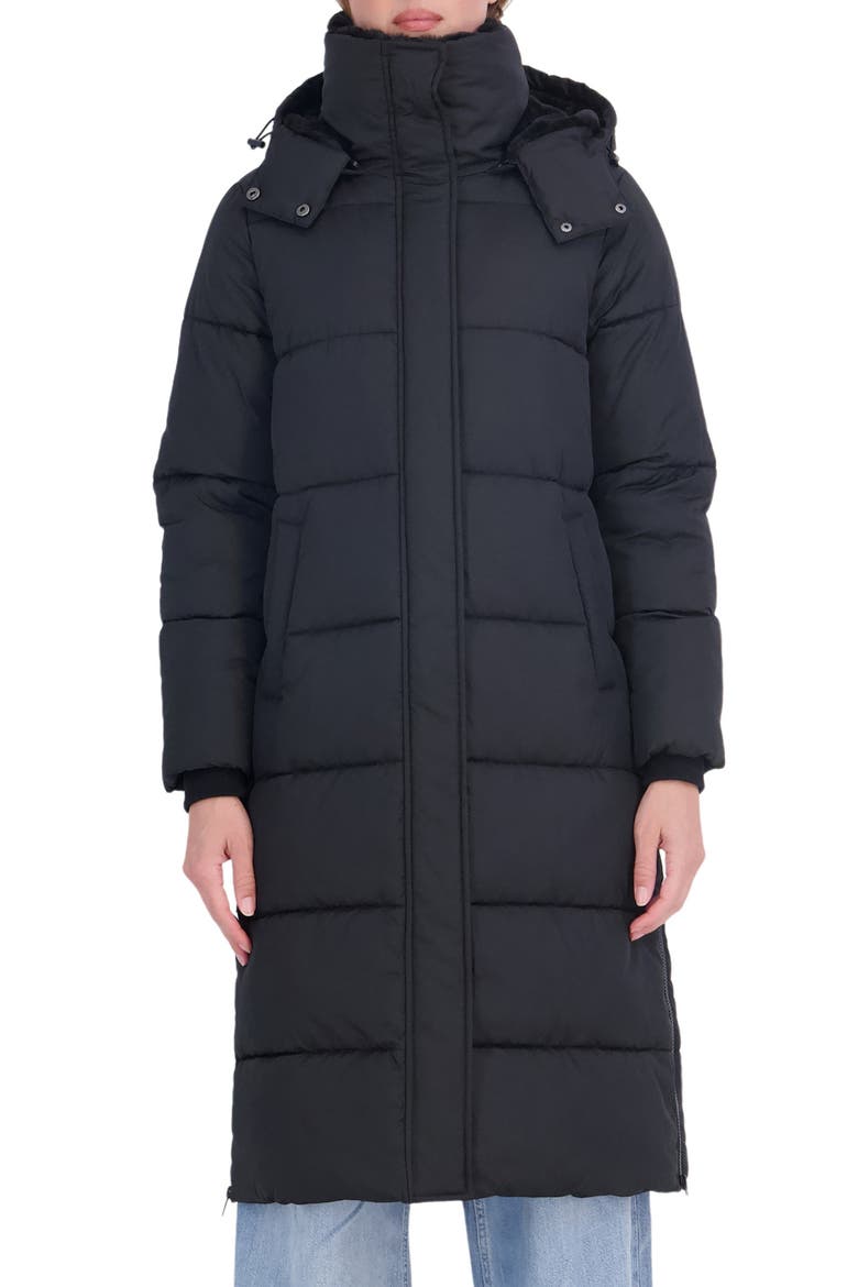 Faux Fur Lined Long Puffer Parka with Hood, Main, color, BLACK