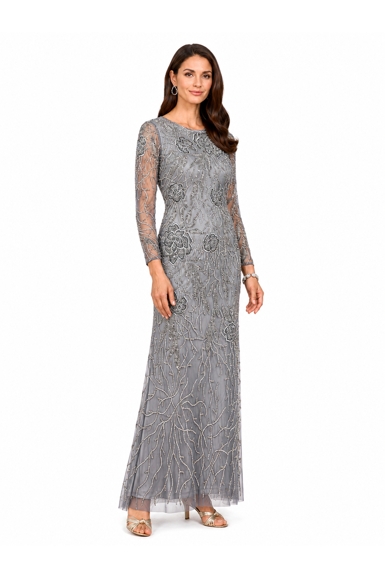 High Neck, Long Sleeve Beaded Gown, Alternate, color, Medium Grey