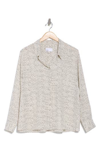 Nordstrom Rack Long Sleeve Crepe Button-up Shirt In Ivory Tofu- Black Demi Dot