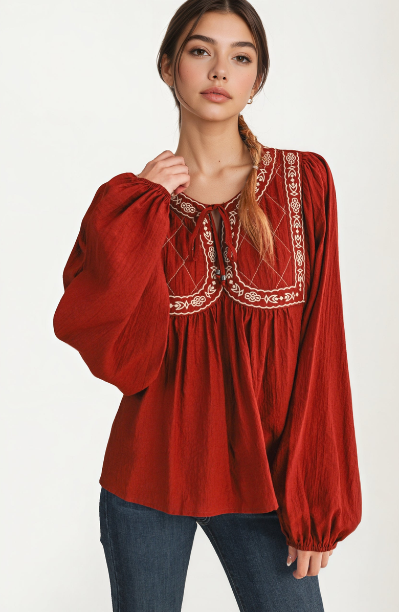 Knit and Lounge Embroidered Yoke Tie Neckline Flowy Long Sleeve Blouse, Main, color, 