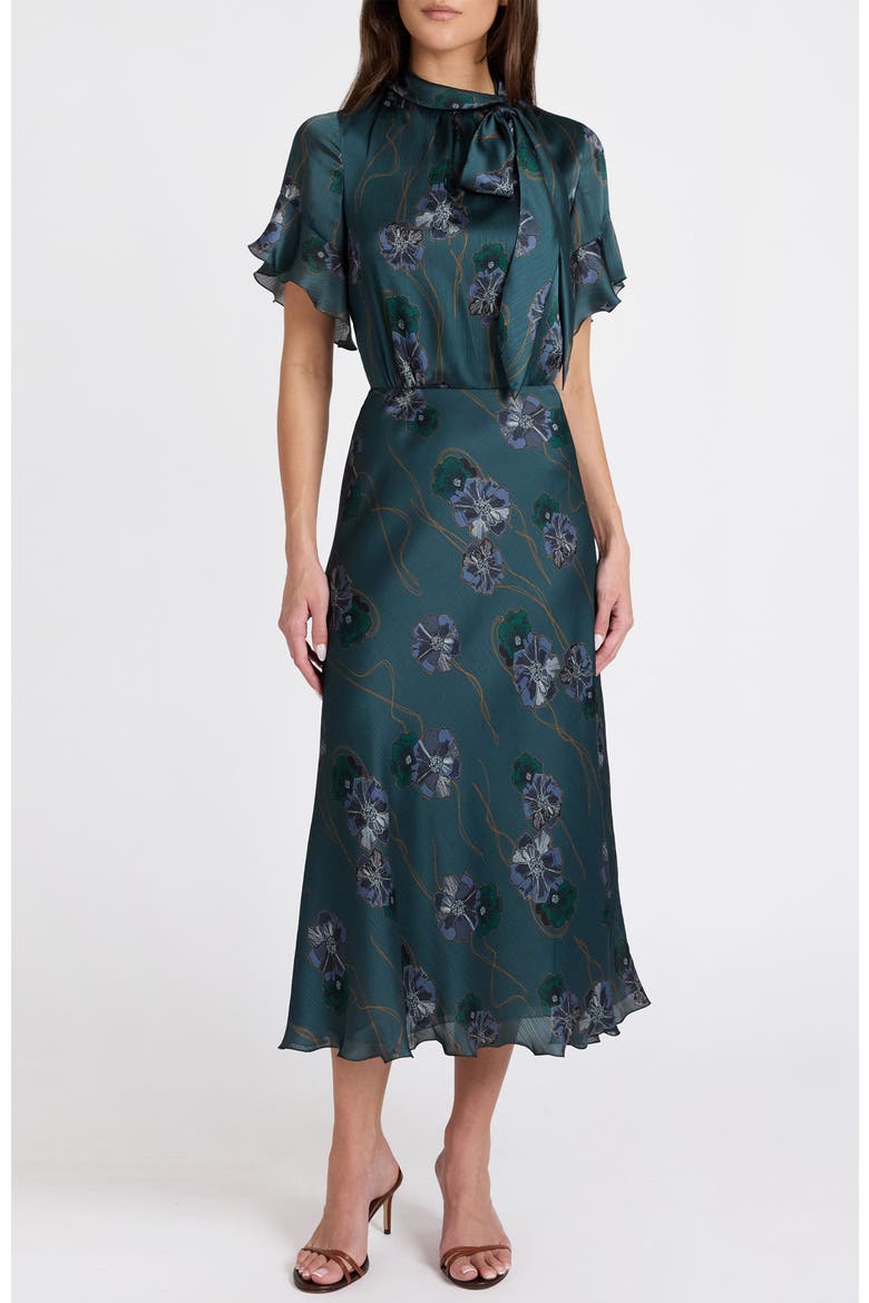 Sabrina Short Sleeve Tie Neck Midi Dress, Alternate, color, Steel Teal