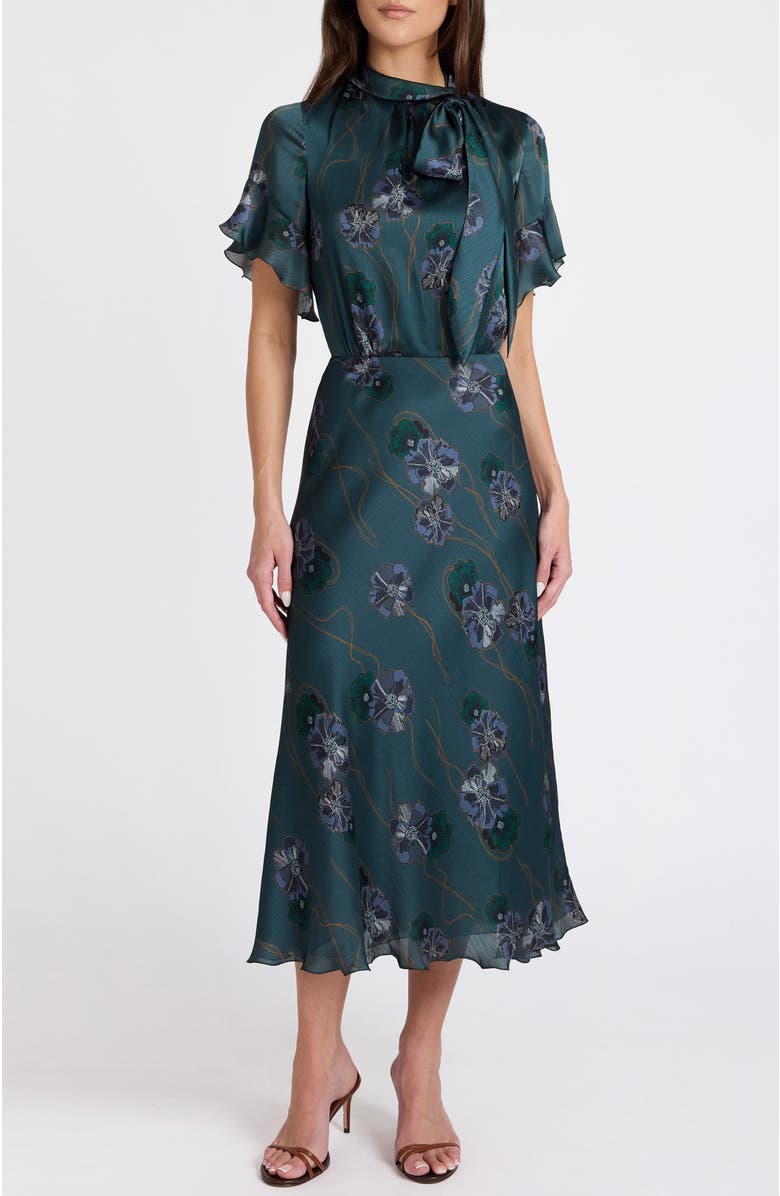 Santorelli Sabrina Short Sleeve Tie Neck Midi Dress, Alternate, color, Steel Teal