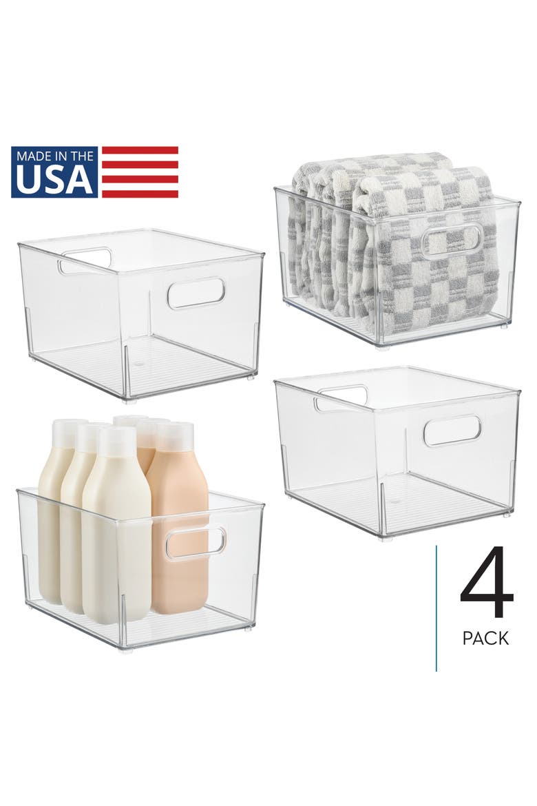 Small Stackable Plastic Bathroom Storage Bin with Handles - Set of 4 - Clear, Alternate, color, Clear