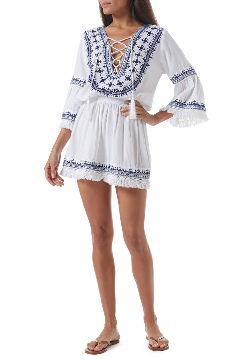 Melissa Odabash Martina Embroidered Lace-Up Linen & Cotton Cover-Up Dress, Main, color, White/ Navy