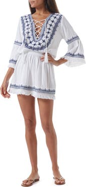 Melissa Odabash Martina Embroidered Lace-Up Linen & Cotton Cover-Up Dress