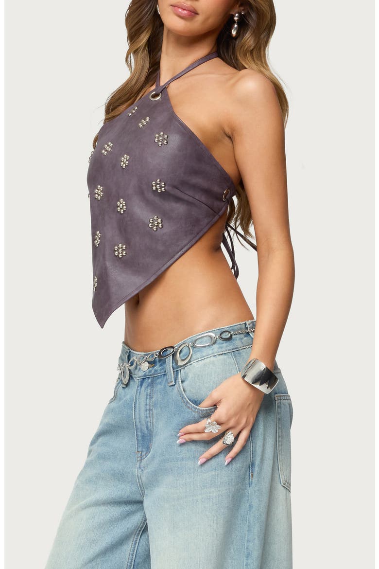 Shila Studded Faux Leather Halter Top, Alternate, color, PURPLE